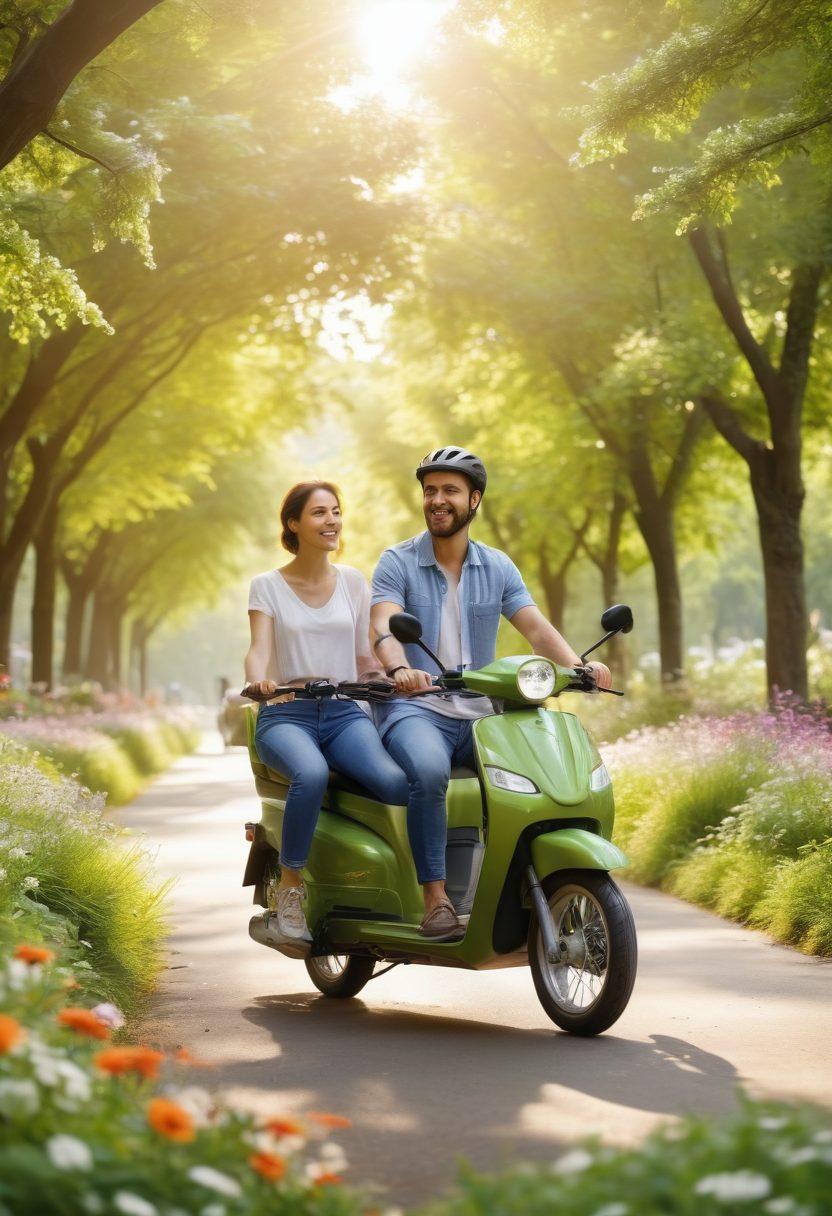 A romantic couple riding electric bikes through a lush green park, surrounded by trees and blooming flowers, showcasing various eco-friendly vehicles like electric cars and scooters in the background. The sun is shining softly, creating a warm glow that symbolizes love and innovation. Playful birds can be seen flitting around, emphasizing nature and sustainability. super-realistic. vibrant colors. 3D.