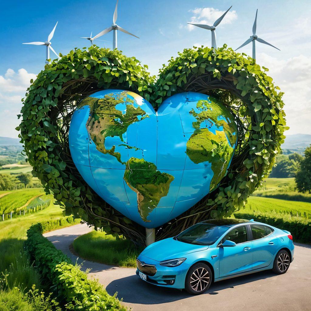 A heart-shaped globe surrounded by green vines and electric cars, symbolizing sustainable love in the automotive world. The background features a serene landscape with solar panels and wind turbines, highlighting a commitment to eco-friendliness. Soft sunlight filters through the foliage, creating a warm and inviting atmosphere. A couple stands together, their arms around each other, with a look of passion and unity towards a sustainable future. super-realistic. vibrant colors. nature-inspired.