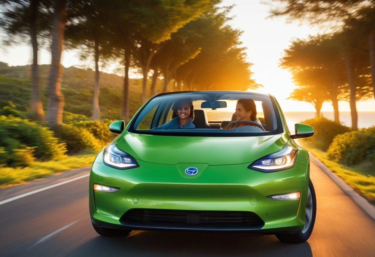A serene couple driving a sleek green electric vehicle along a scenic coastal road, their faces radiating joy and connection. Lush greenery surrounds them, symbolizing the harmony between love and ecological responsibility. Soft sunlight filters through the trees, creating a warm and inviting atmosphere. In the background, a vibrant sunset reflects off the water, enhancing the feeling of hope and transformation. super-realistic. vibrant colors. soft focus.